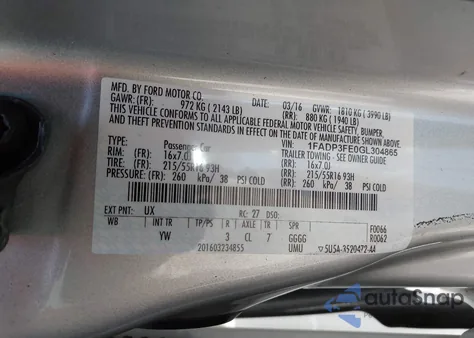 2016 Ford Focus Se из США, поврежденный, VIN 1FADP3FE0GL304865